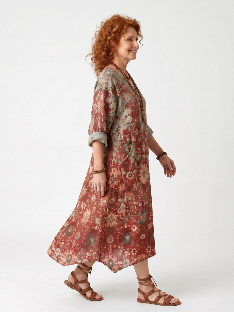 Robe midi Safran décontractée à motifs multicolores, poches latérales, manches 3/4