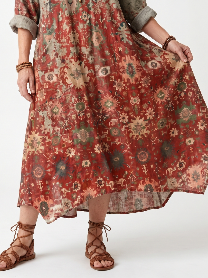 Robe midi Safran ample à motifs fleuris multicolores, ourlet évasé
