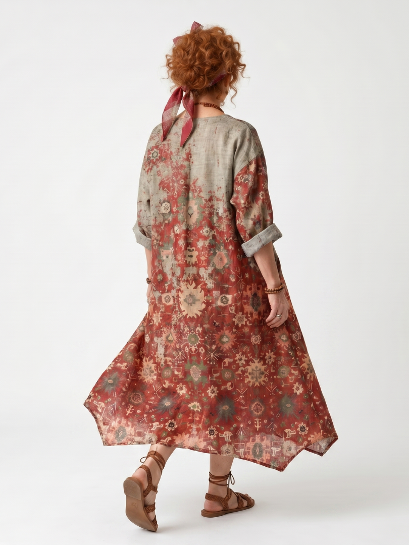 Robe midi Safran dos à motifs multicolores, encolure en V, manches 3/4