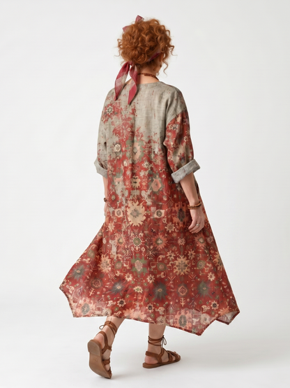 Robe midi Safran dos à motifs multicolores, encolure en V, manches 3/4
