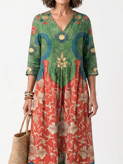 Sloane | Robe Midi à Imprimé Mixte avec Col en V et Poches