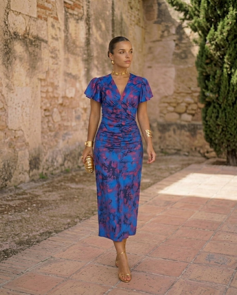 Carla | Robe midi imprimée à manches bouffantes