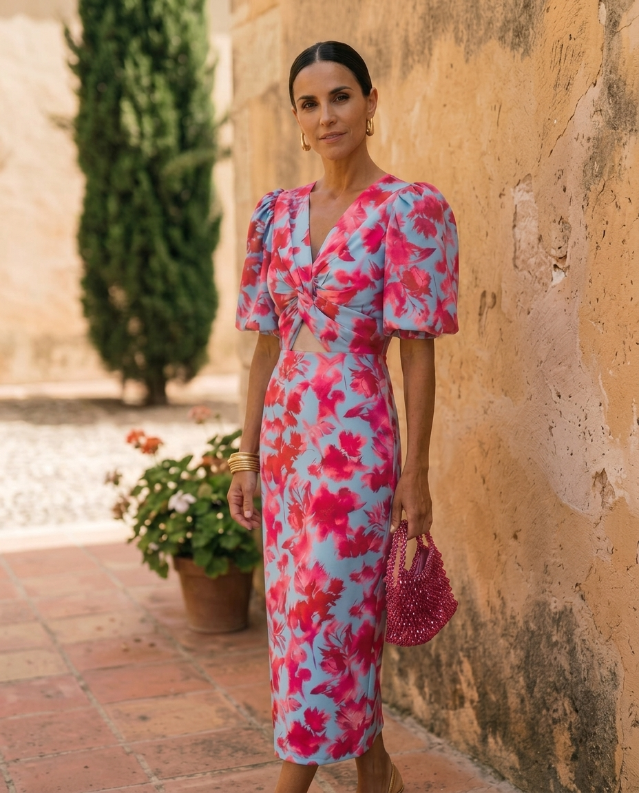 Carla | Robe midi imprimée à manches bouffantes