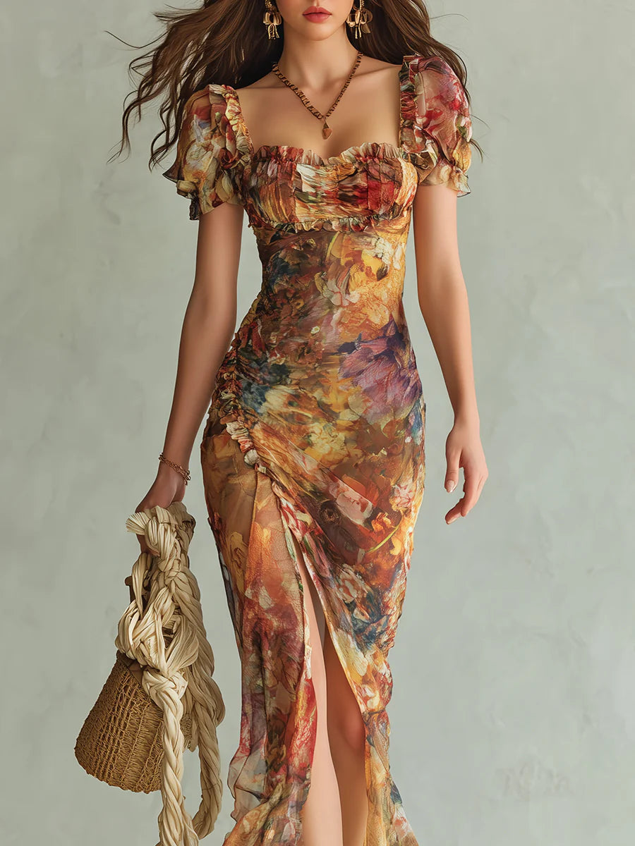 Robe longue imprimée peinture à l’huile, corsage froncé et manches bouffantes, fente.