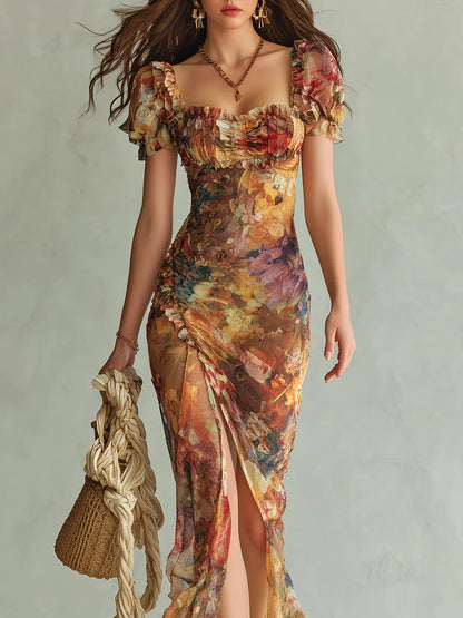 Robe longue imprimée peinture à l’huile, corsage froncé et manches bouffantes, fente.