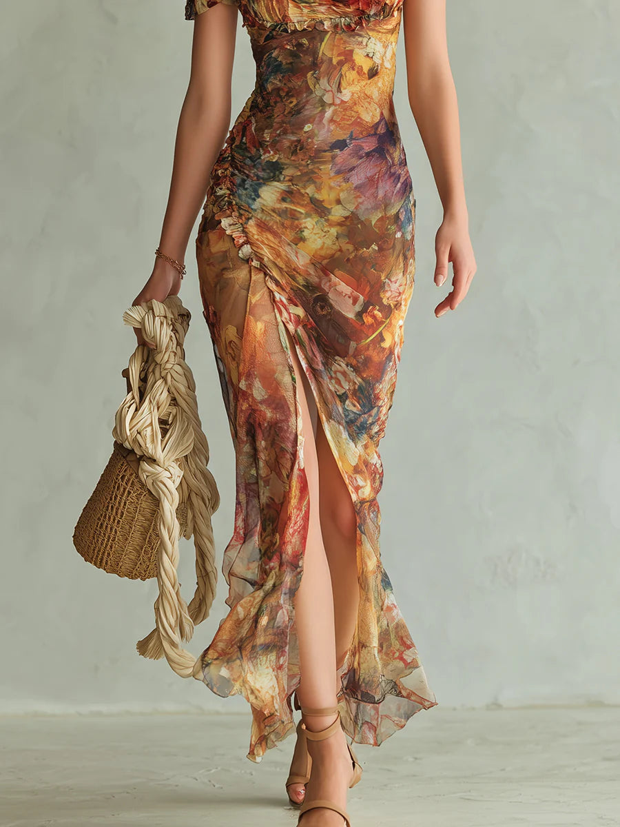 Robe longue à imprimé peinture à l’huile multicolore, buste froncé, jupe fluide fendue.