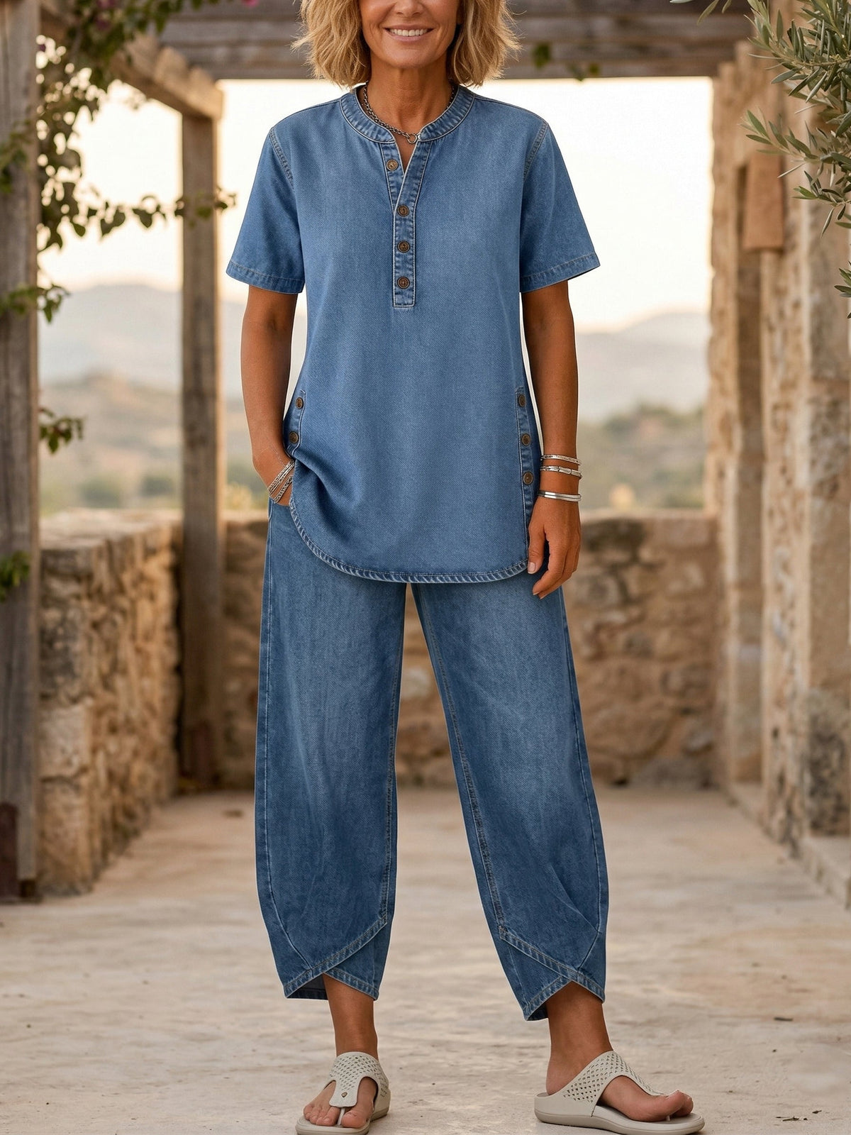 Ensemble deux pièces jean bleu clair : haut manches courtes et pantalon 3/4