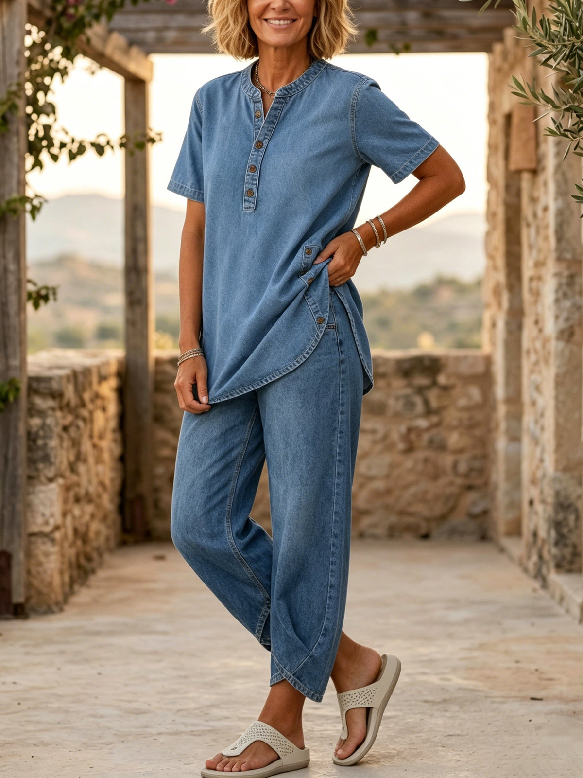 Ensemble jean bleu clair pour femme : haut boutonné et pantalon 3/4