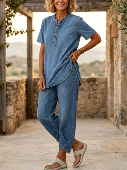 Ensemble jean bleu clair pour femme : haut boutonné et pantalon 3/4