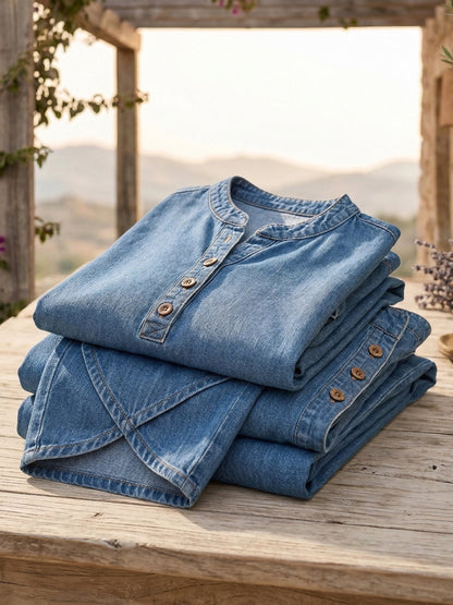 Ensemble jean bleu clair replié : haut à patte boutonnée et pantalon assorti