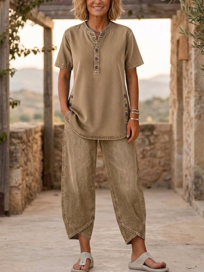 Ensemble jean kaki pour femme : haut à boutons et pantalon 3/4 ample