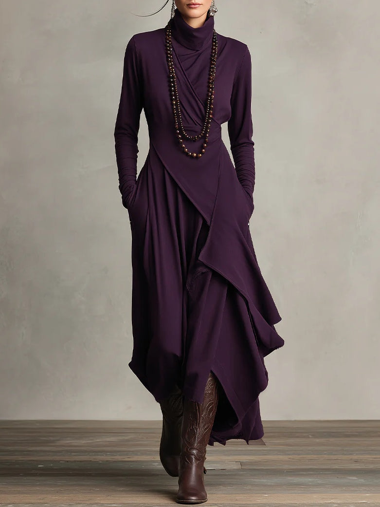 Robe maxi tunique asymétrique violette, col haut, manches longues, pans superposés