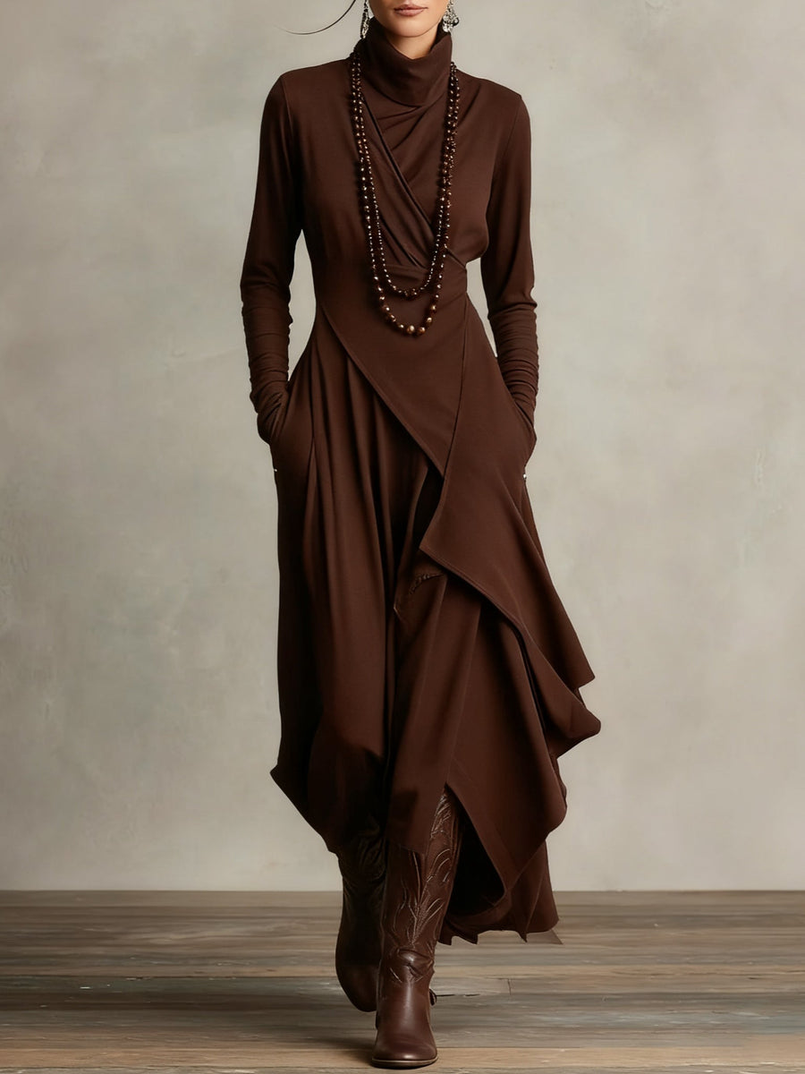 Robe maxi tunique asymétrique marron, col haut, manches longues, drapé asymétrique