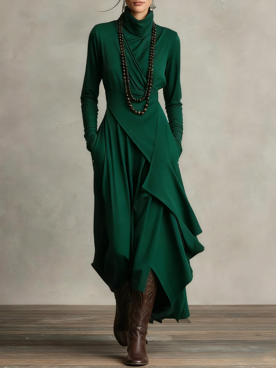 Robe maxi tunique asymétrique vert, col haut, manches longues, drapé asymétrique