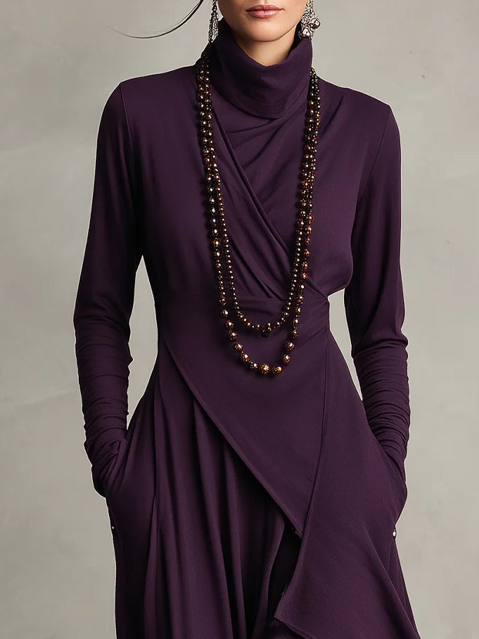 Robe maxi tunique asymétrique violette, col haut, manches longues, drapé à biais