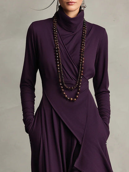 Robe maxi tunique asymétrique violette, col haut, manches longues, drapé à biais