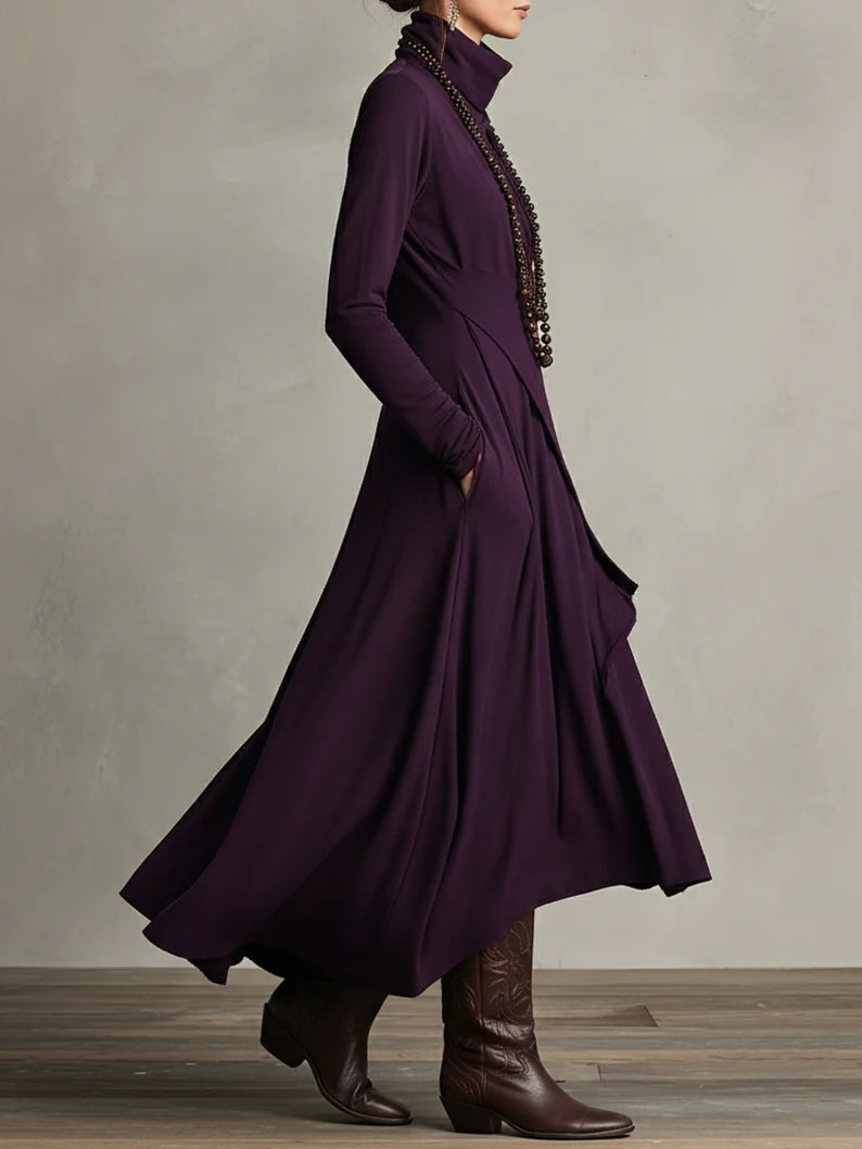 Robe maxi tunique asymétrique violette, coupe fluide, manches longues, pan drapé
