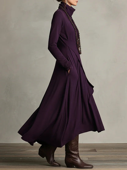 Robe maxi tunique asymétrique violette, coupe fluide, manches longues, pan drapé