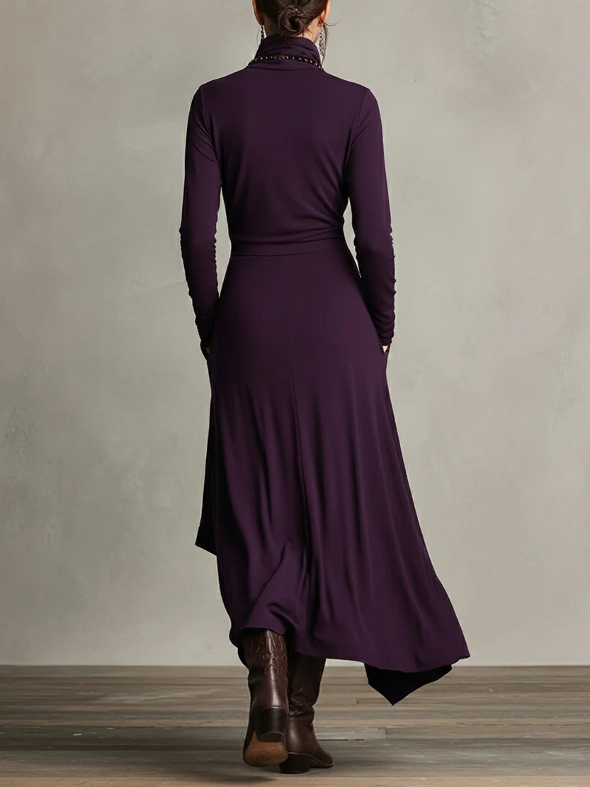 Robe maxi tunique asymétrique violette vue de dos, col haut, manches longues