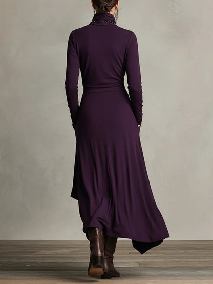 Robe maxi tunique asymétrique violette vue de dos, col haut, manches longues