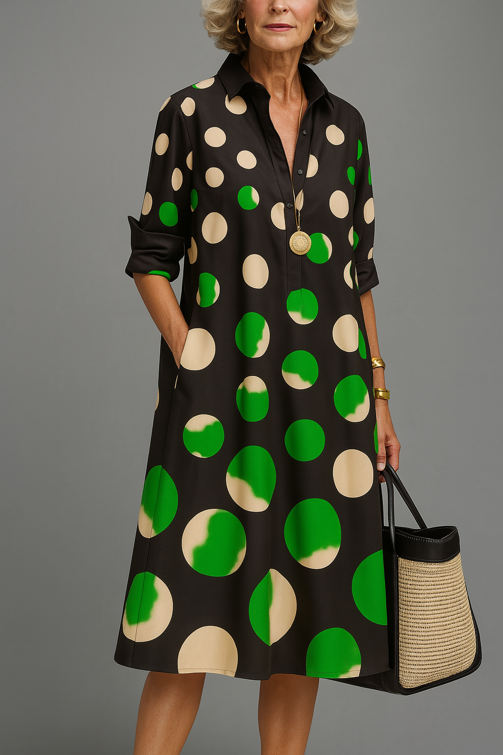 Robe midi noire à pois vert et beige, col chemise, manches 3/4.