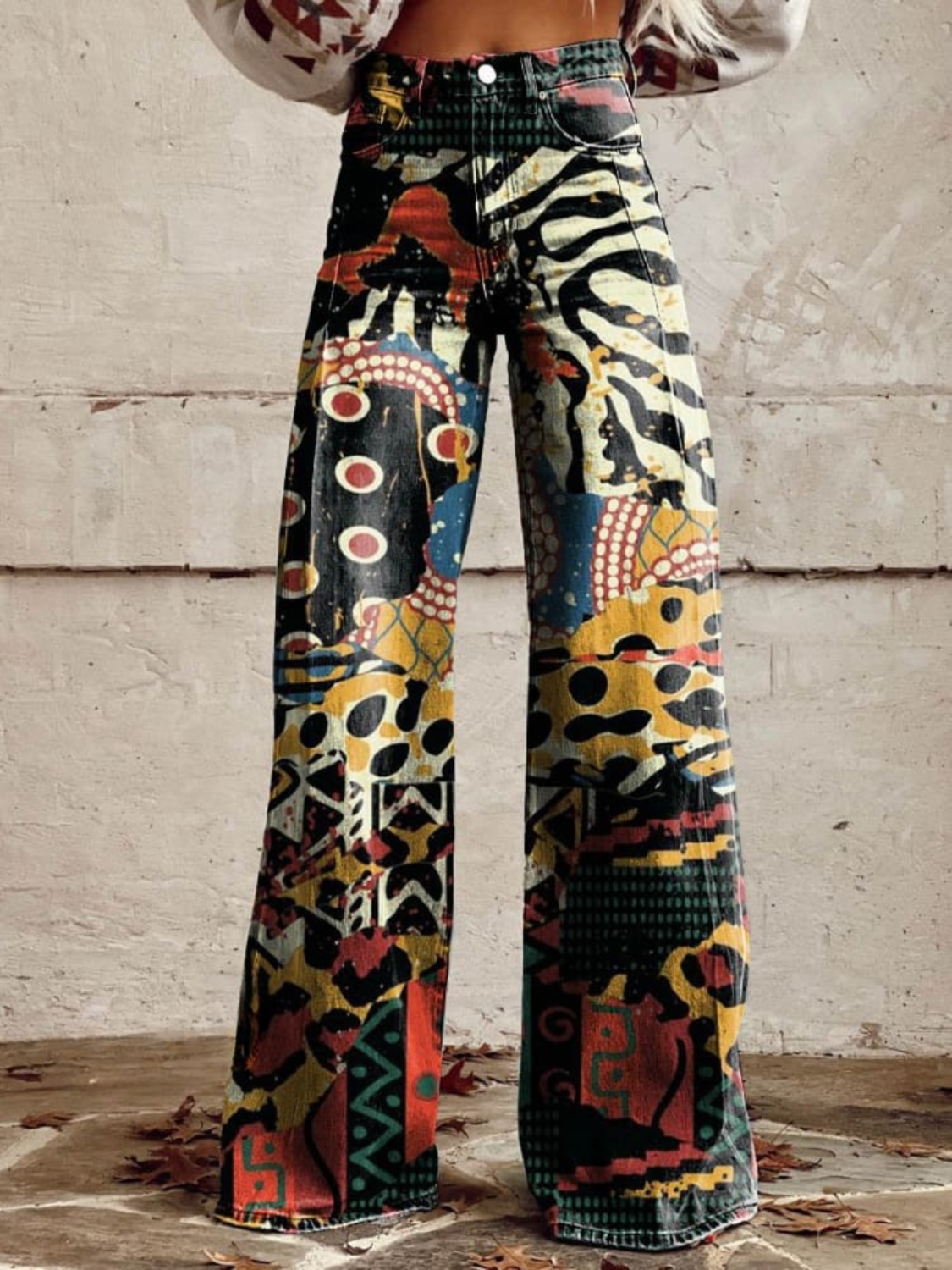 Pantalon ample à taille élastique, jambes larges, imprimé abstrait multicolore