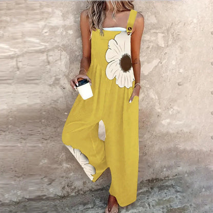 Combinaison sans manches jaune à jambes larges, grande fleur blanche appliquée