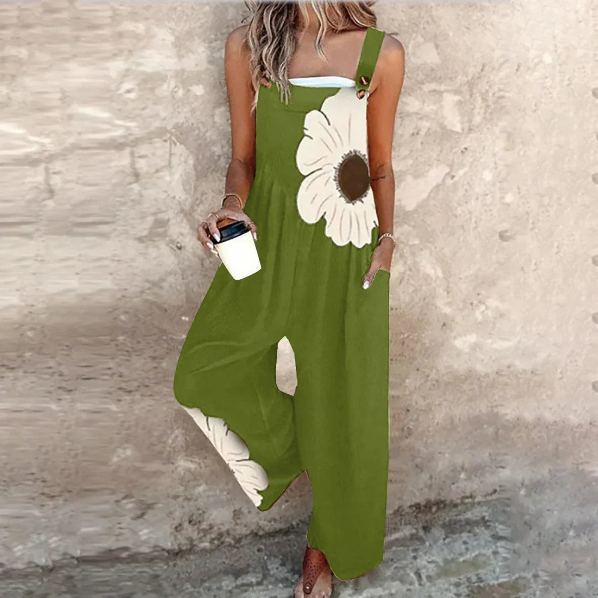 Combinaison sans manches verte à jambes larges, grande fleur blanche appliquée