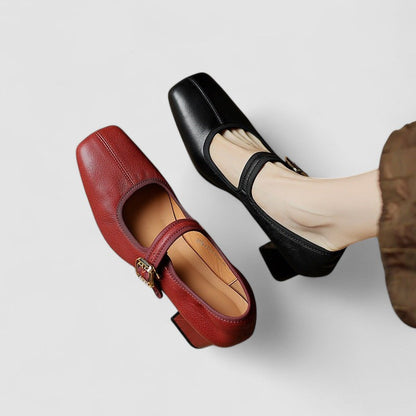 Chaussures à talons bébé Capucine™ en cuir, rouge et noir, bride à boucle