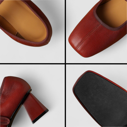 Détails Capucine™ : cuir rouge lisse et semelle noire texturée