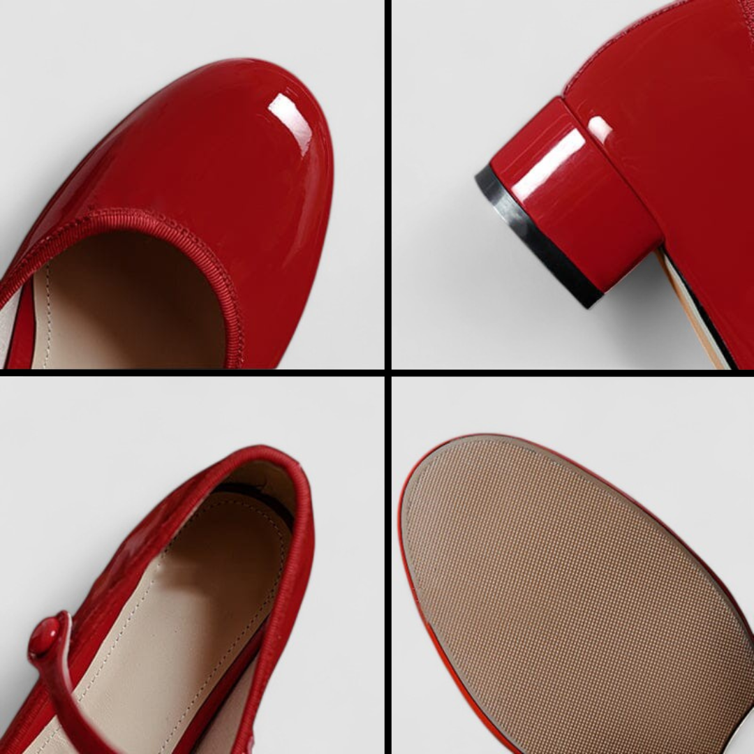 Détails ballerines rétro Roxane™ rouges : vernis brillant, semelle texturée.