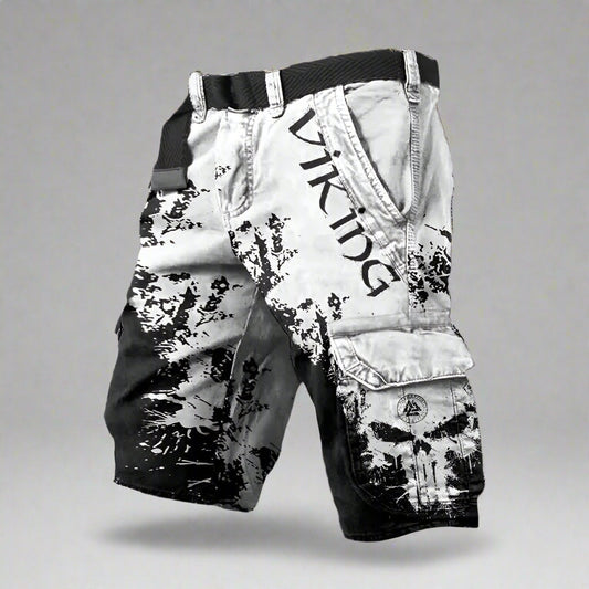 Short cargo viking noir et blanc à poches cargo, ceinture élastique, style décontracté