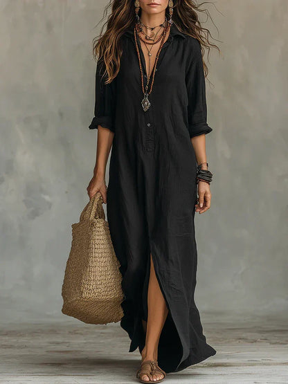 Robe maxi ample noire à boutons, longue et fluide, col boutonné