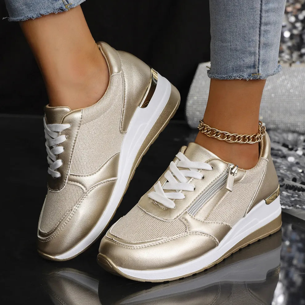 Chaussures orthopédiques femme argentées, lacets, zip latéral, semelle épaisse