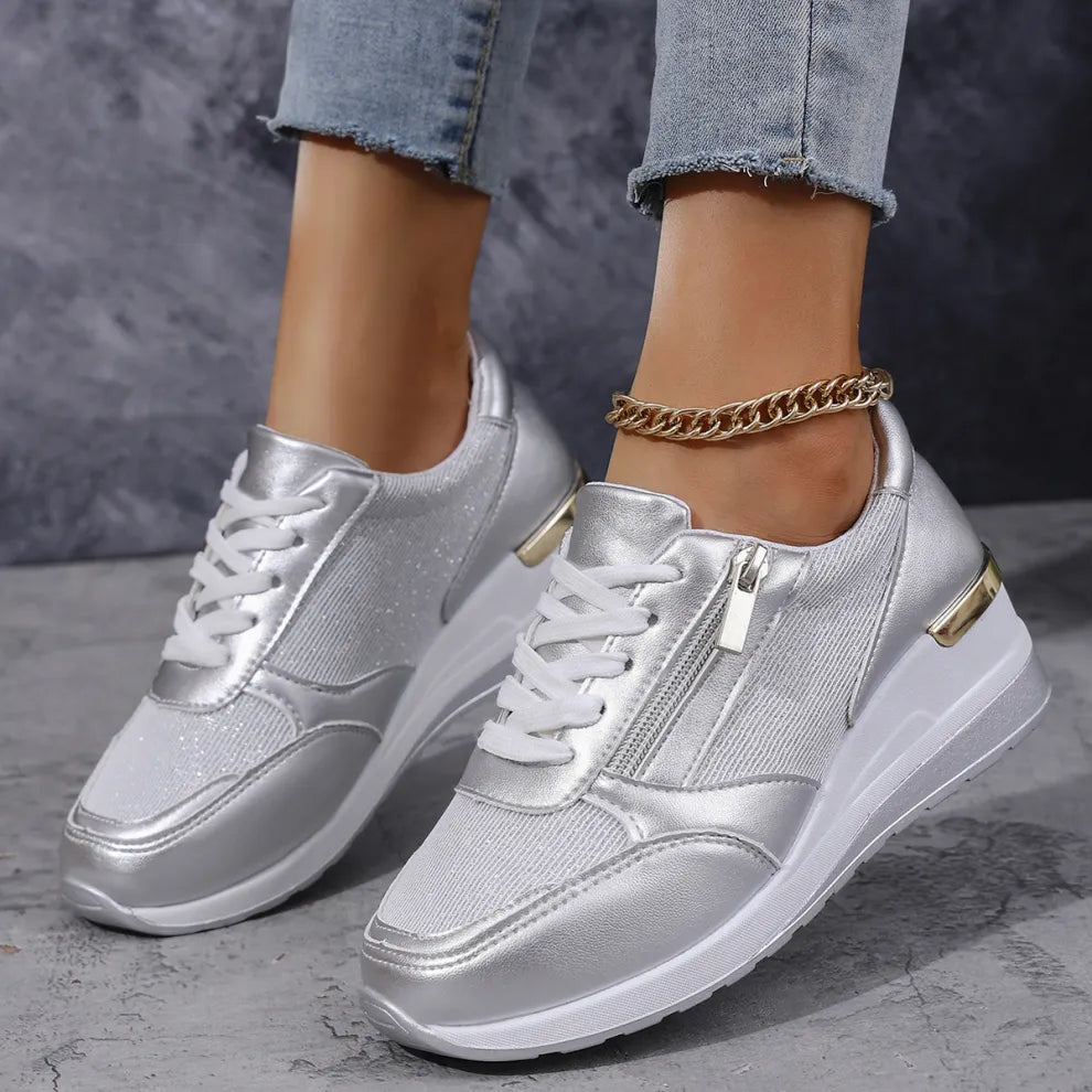 Chaussures orthopédiques femme argentées, lacets, zip latéral, semelle compensée