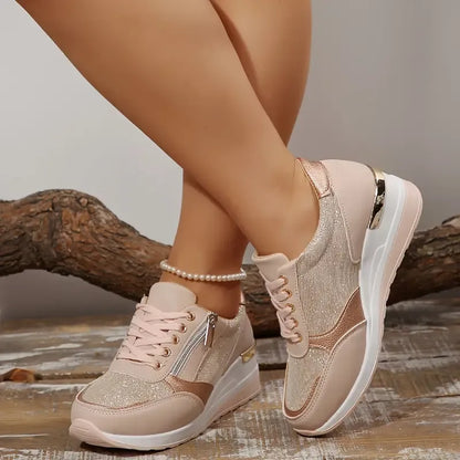 Chaussures orthopédiques femme rosées, lacets, semelle épaisse blanche