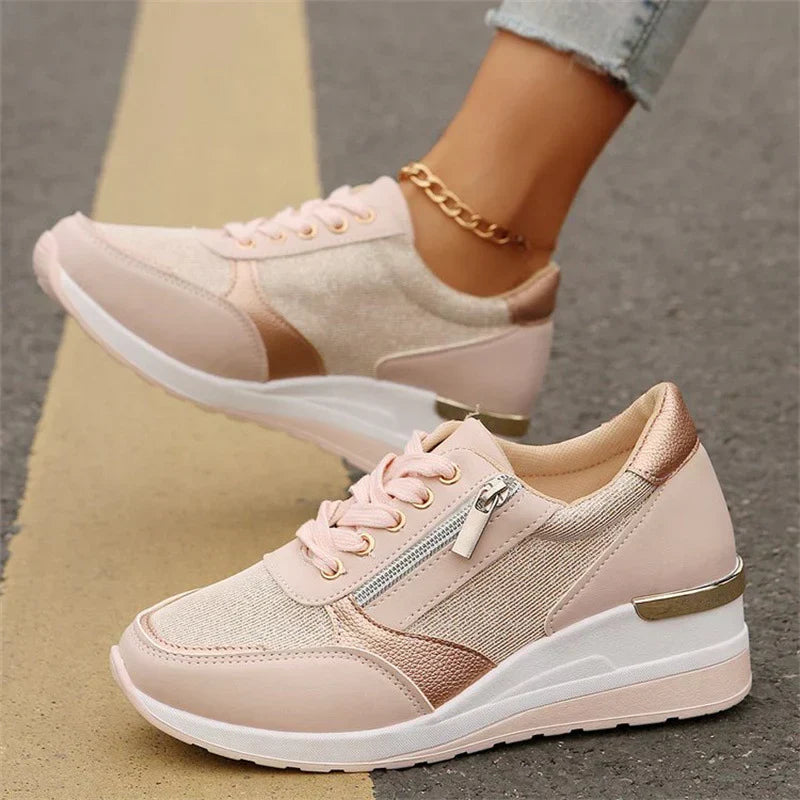 Chaussures orthopédiques femme roses et beige, lacets, semelle épaisse blanche