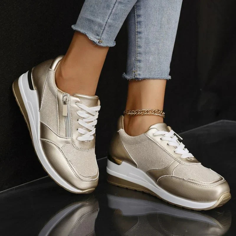 Chaussures orthopédiques femme argentées, lacets, semelle épaisse blanche