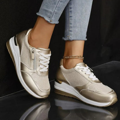 Chaussures orthopédiques femme argentées, lacets, semelle épaisse blanche