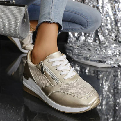 Chaussures orthopédiques femme argentées, lacets et zip latéral, semelle épaisse
