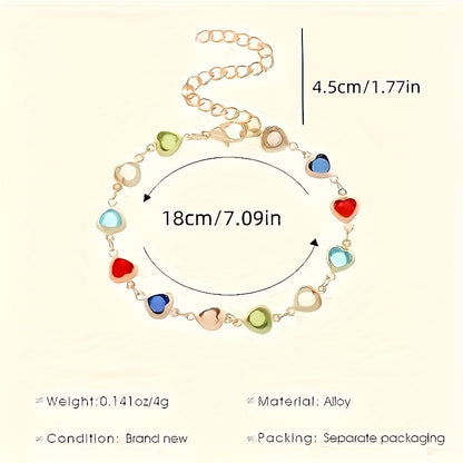 Bracelet doré aux cœurs émaillés multicolores, vue avec dimensions indiquées.
