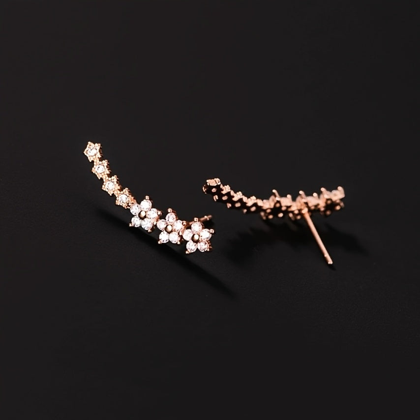 Boucles d’oreilles florales en or rose, chaînette de fleurs et cristaux ronds, tige
