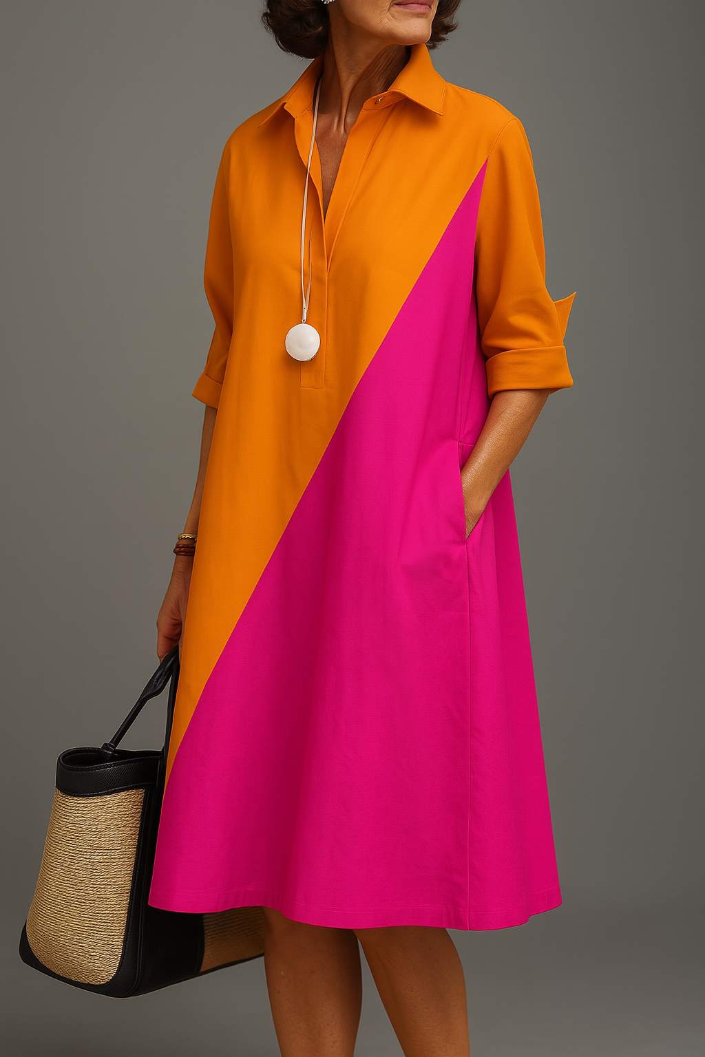 Robe midi pour femme orange avec empiècement rose fuchsia en diagonale, col chemise