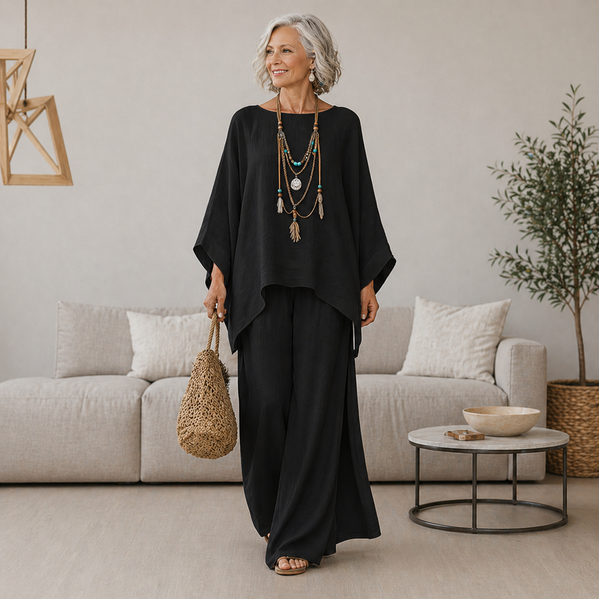 Ensemble tunique ample et pantalon long noir, manches chauve-souris, col rond