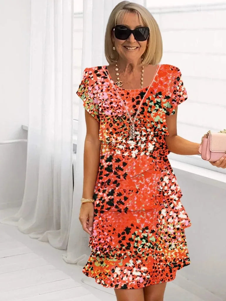 Robe fluide à volants imprimée orange multicolore, manches courtes, décolleté V