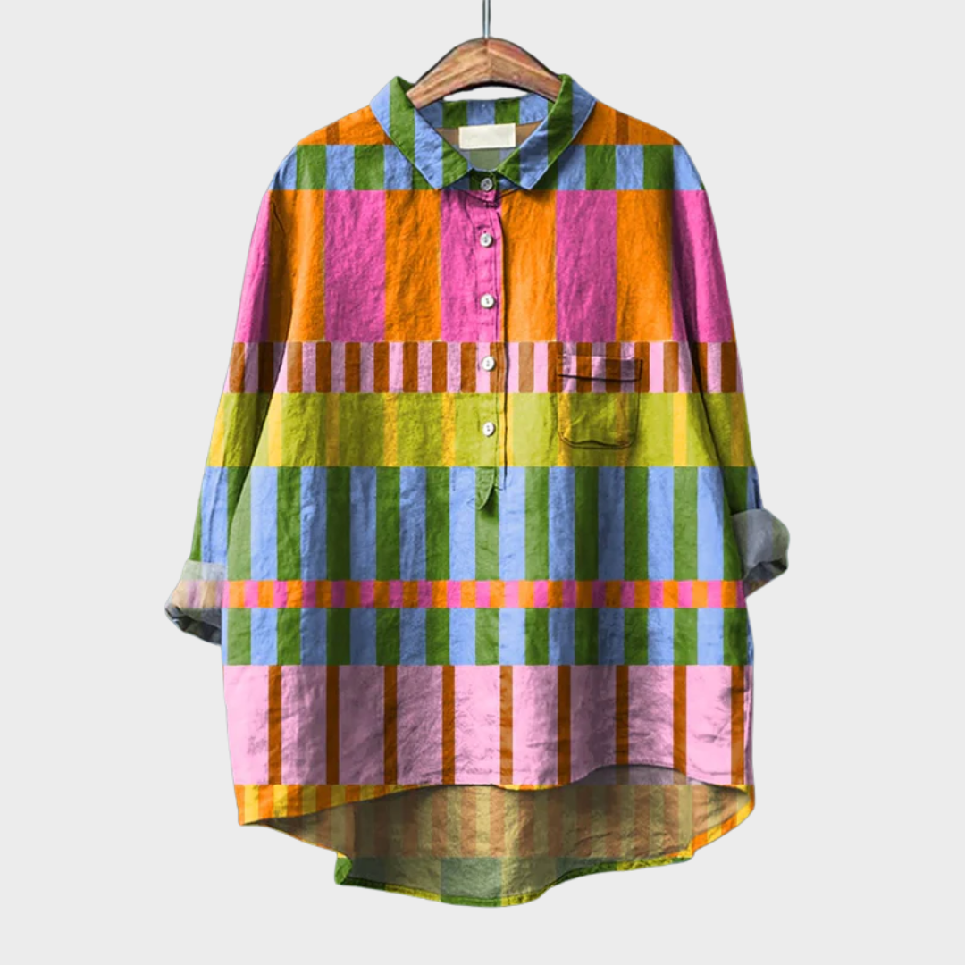 Blouse fluide à manches longues, imprimé géométrique orange, vert, rose et rayures multicolores