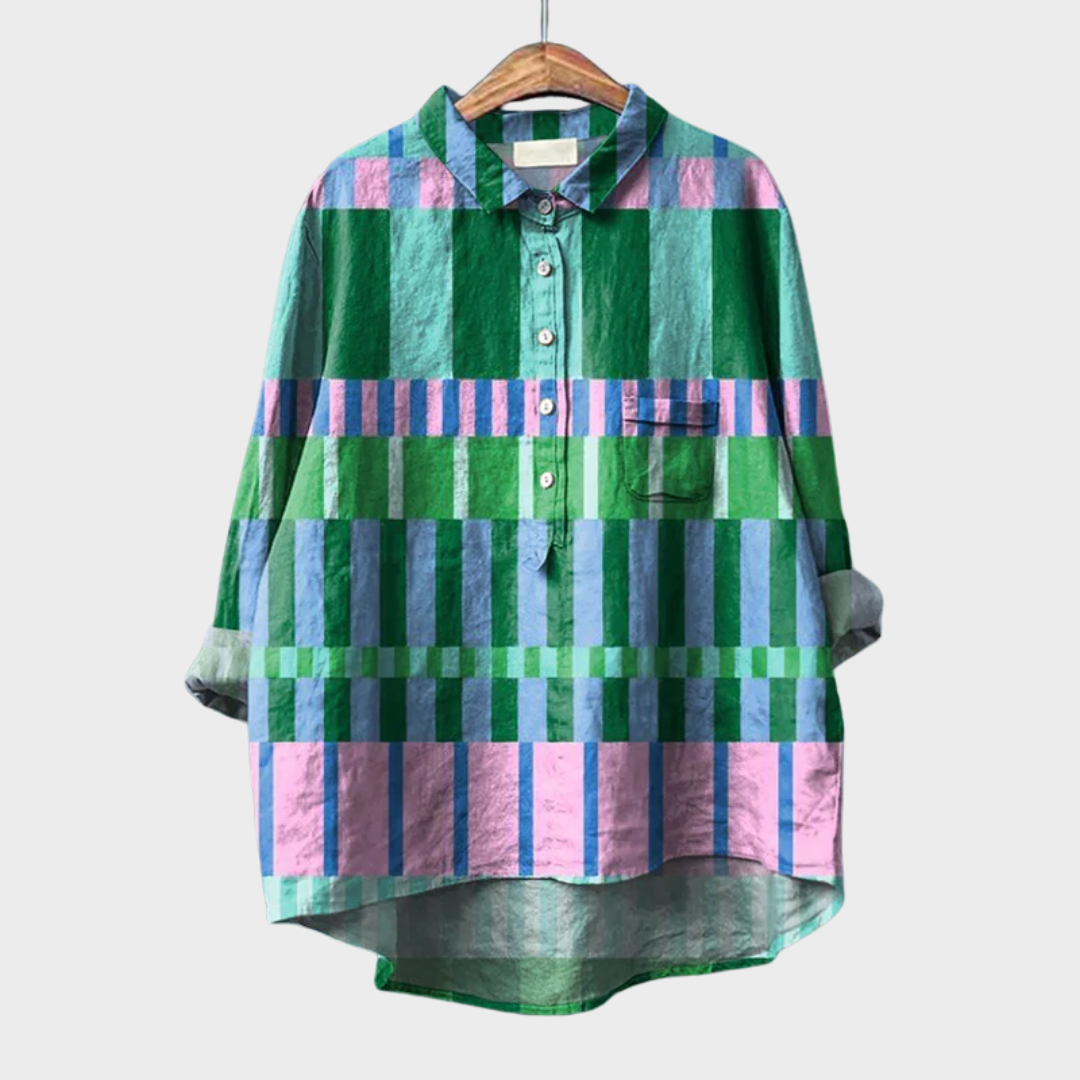 Blouse fluide à manches longues, imprimé géométrique bleu, vert et touche rose, boutonnée