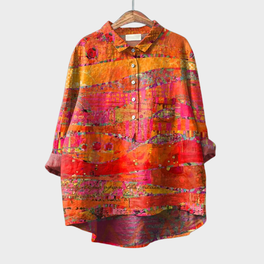 Blouse orange à motif abstrait, col, manches longues et boutons