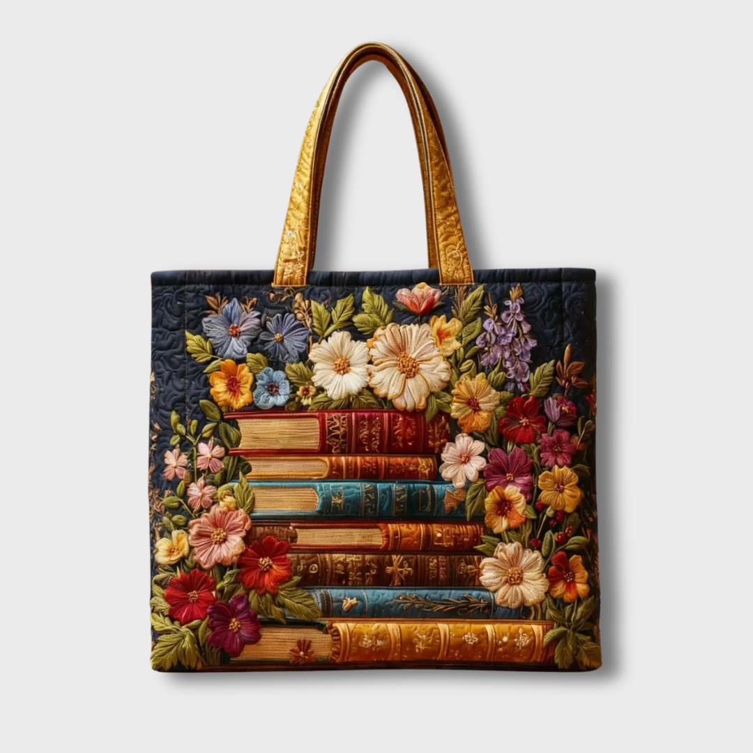 Sac à main Harper toile bleu marine brodée de fleurs, motif de livres, poignées marron