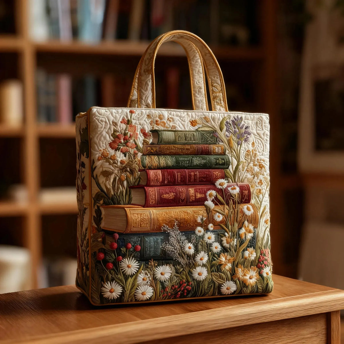 Sac souple Delilah brodé, toile claire, poignées en cuir et motifs fleurs sur livres
